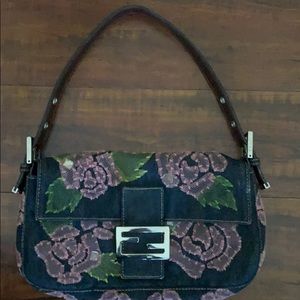 Fendi Baguette Flower embroidered Denim handbag